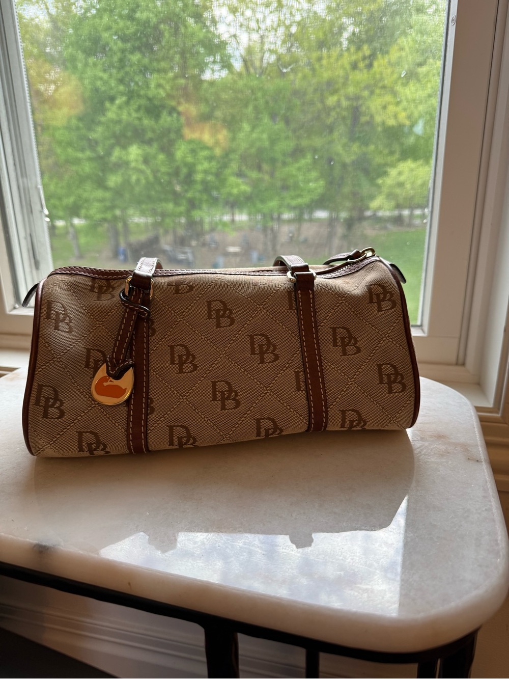 Vintage Dooney and Bourke barrel bag -canvas with original duck charm